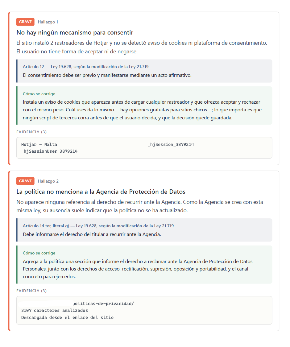 Detalle de dos hallazgos en el informe, cada uno con el artículo citado, cómo
                  se corrige y la evidencia técnica encontrada.